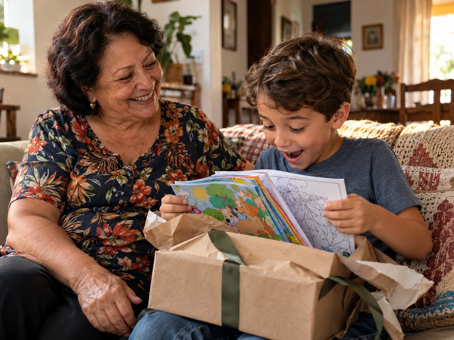 Neto abrindo, empolgado, o presente da avó com os livros de colorir