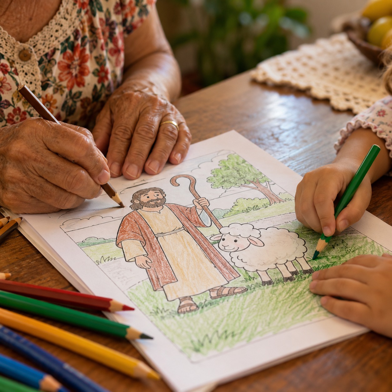 Mãos de uma avó e de uma criança colorindo juntas a página do Bom Pastor