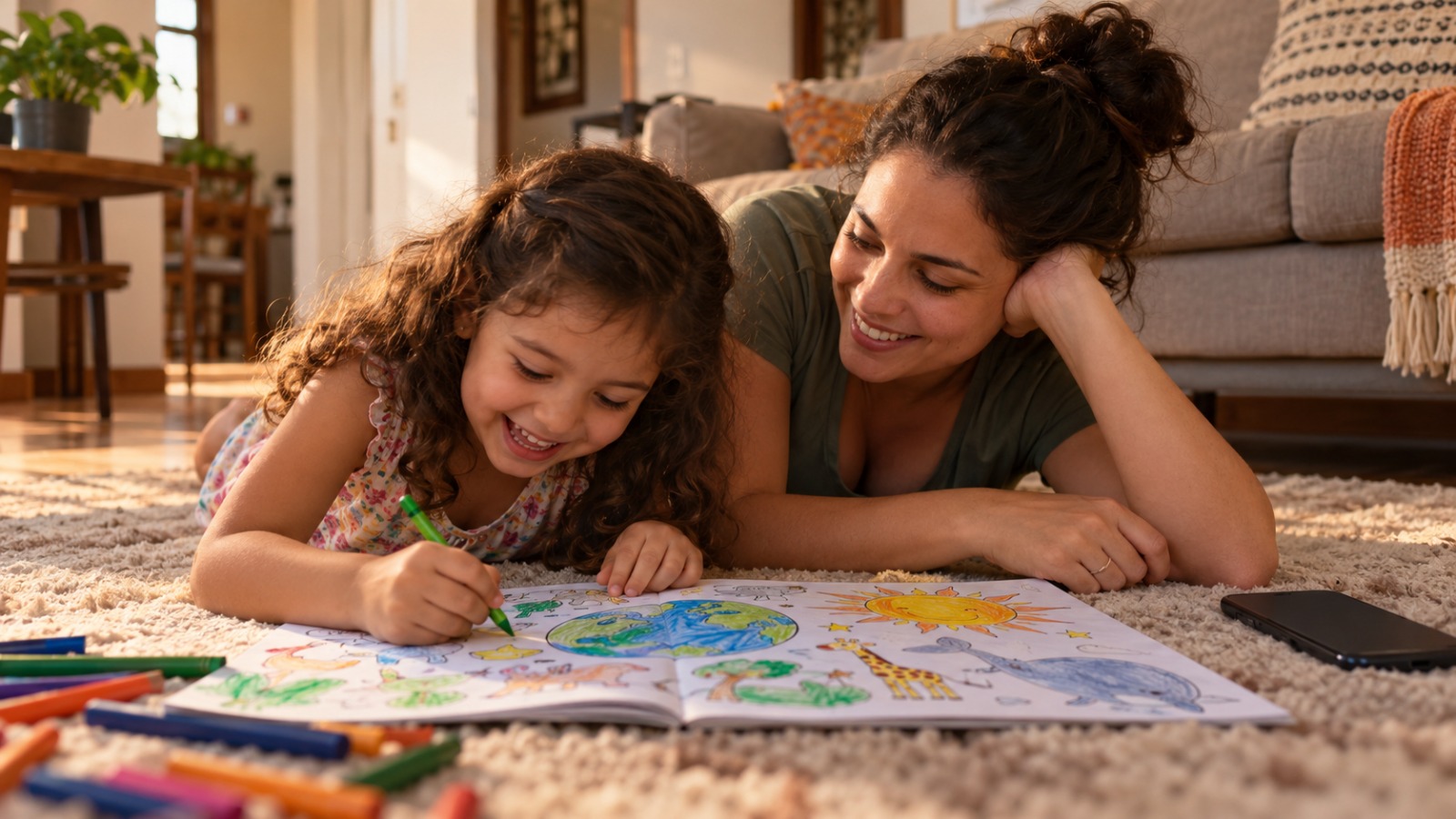 Mãe e filha deitadas no tapete colorindo juntas, com o celular deixado de lado