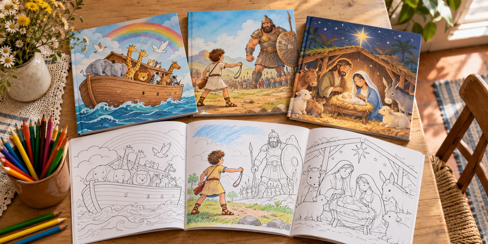 Capas dos livros Arca de Noé, Davi e Golias e Nascimento de Jesus, com as páginas para colorir abertas